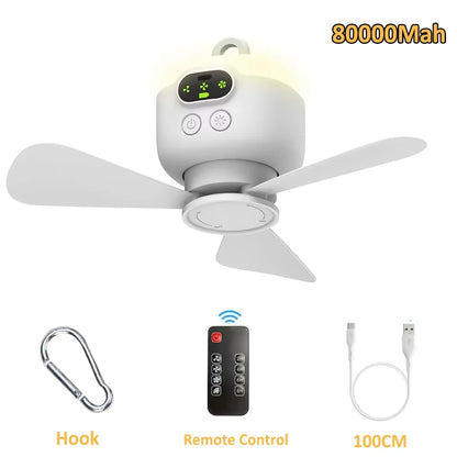 Portable Ceiling Fans 8000Mah Outdoor Camping Fan Tent Ventilator Cooler Rechargeable Electric Fan Remote Control LED Lighting